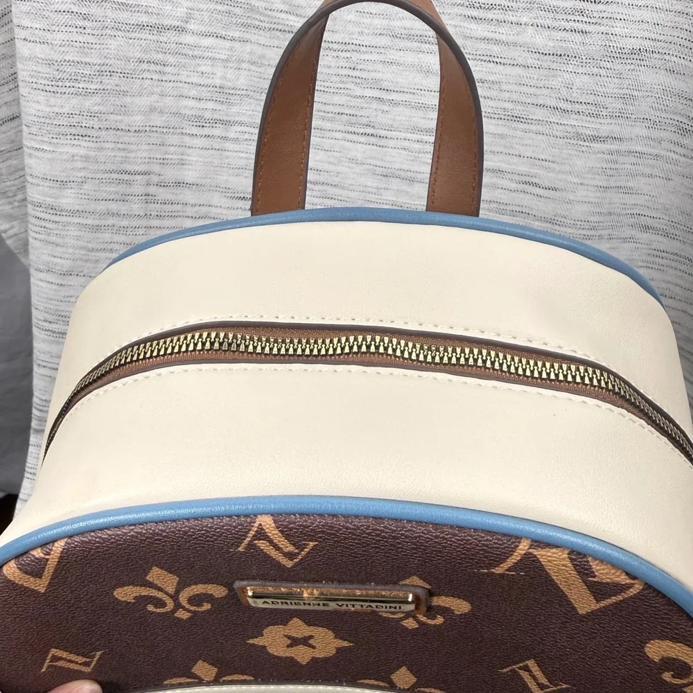 Adrienne Vittadini‎ Backpack Purse Brown White Zipper Chic Casual Travel Office